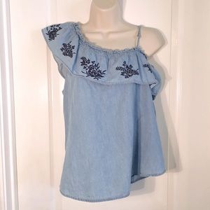Anthro E hanger M Denim Ruffle Top